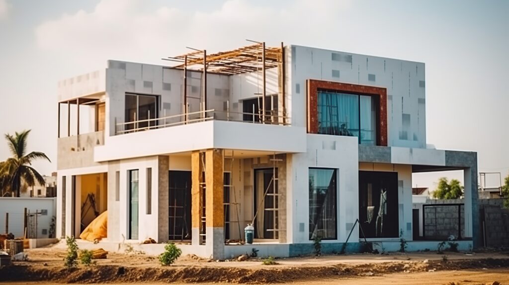 Under construction House or Villa's,Villa's with Concreate Block or bricks,Exterior view of 02 story under construction house with modern design, under construction Home or house, --chaos 10 --ar 16:9 --style raw --stylize 750 --v 5.1 Job ID: cd59ed15-4b5b-4801-8a8e-34e623a28f18